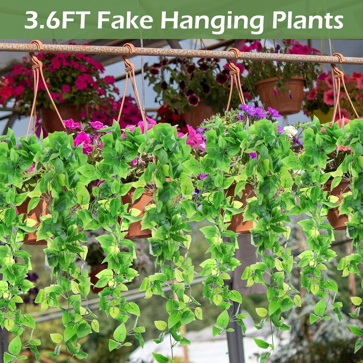 Hoteam 12 Pcs Artificial Hanging Plants 32 Inch Fake Ivy Vines with Fake Leaves Patio Artificial Plants Greenery for Living Room Indoor Outdoor Wall, No Basket (Pothos)