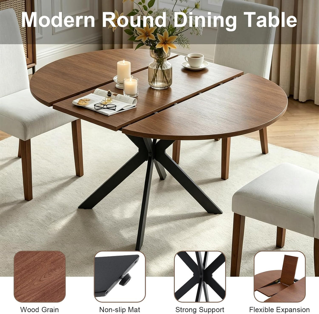 mikibama 54" Extendable Round Dining Table for 4-6, Modern Oval Kitchen Table with Metal Legs & Faux Wood Grain Top, Space Saving Expandable Dining Room Table for Small Space, Easy Assembly, Walnut