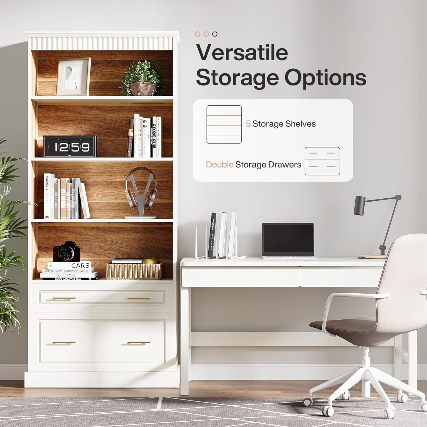 Tribesigns 5-Shelf Bookcase with File Cabinet Drawer, 72" Tall Bookshelf, Modern Free-Standing Wood Bookcase, Large Open Display Storage Book Shelf for Living Room (2pcs, White)
