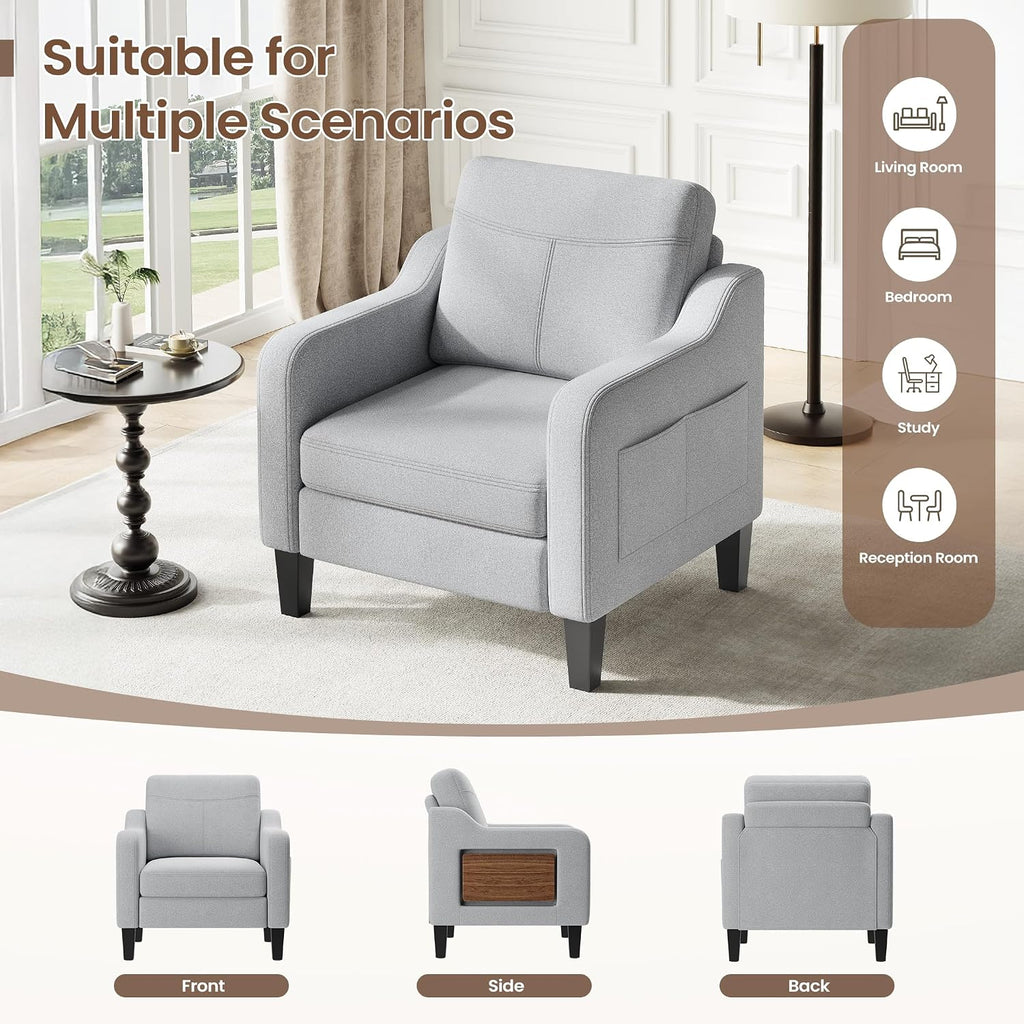 Upholstered Accent Chair with Foldable Side Table for Living Room | 2 Side Pockets, Modern Linen Armchair Wooden Fabric Chairs for Living Room, Comfy Reading for Bedroom/Office
