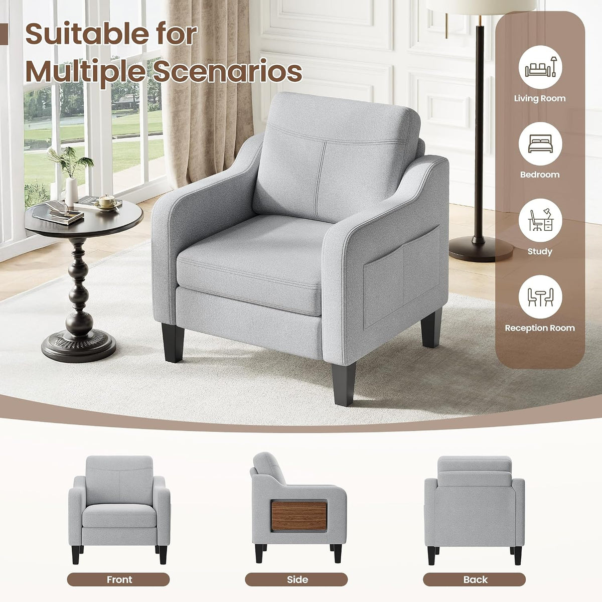 Upholstered Accent Chair with Foldable Side Table for Living Room | 2 Side Pockets, Modern Linen Armchair Wooden Fabric Chairs for Living Room, Comfy Reading for Bedroom/Office
