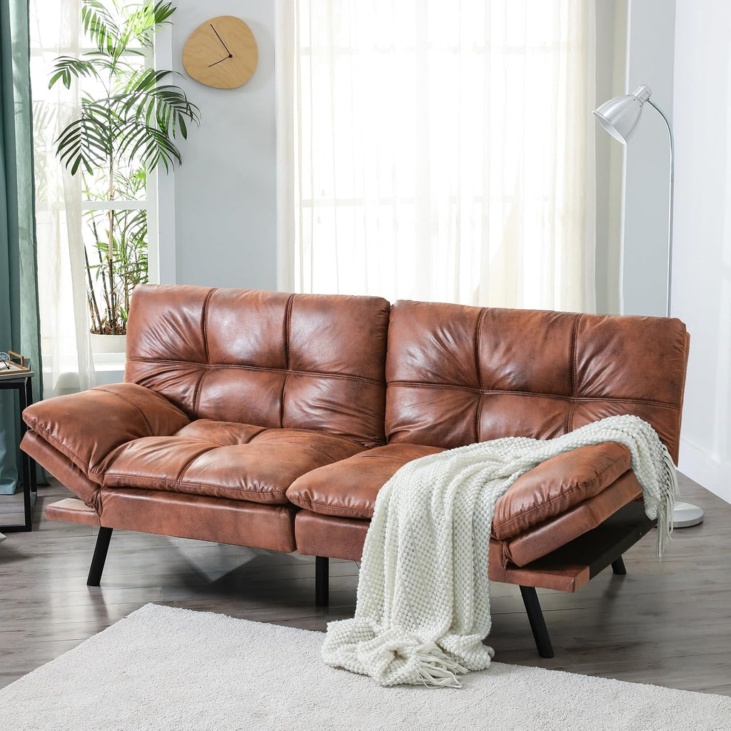 Opoiar Leather Futon Sofa Bed,Convertible Memory Foam Couch Bed,Futon Sets Daybed with Mattress Included,Folding Modern Sleeper Sofa Love seat for RV Car Living Room&Bedroom Small Space,Brown