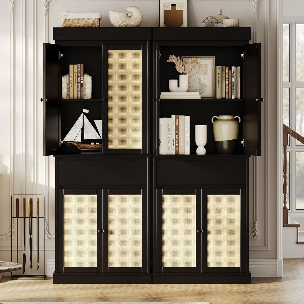 CABIHOME 69" Kitchen Pantry Storage Cabinet, Rattan Kitchen Pantry Cabinet with Drawer, 4 Doors ＆ Adjustable Shelves, Modern Freestanding Cupboard for Bathroom, Laundry, Dining Room, Black
