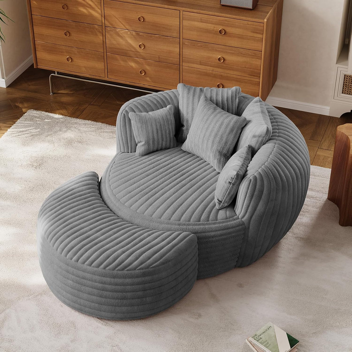ONEMMLION 50" Oversized Round Chaise Lounge with Ottoman, Corduroy, Grey | Deep Seating Chair, Plush Corduroy and Matching Ottoman Create Cloud-like Comfort for Reading, Lounging and Relaxing