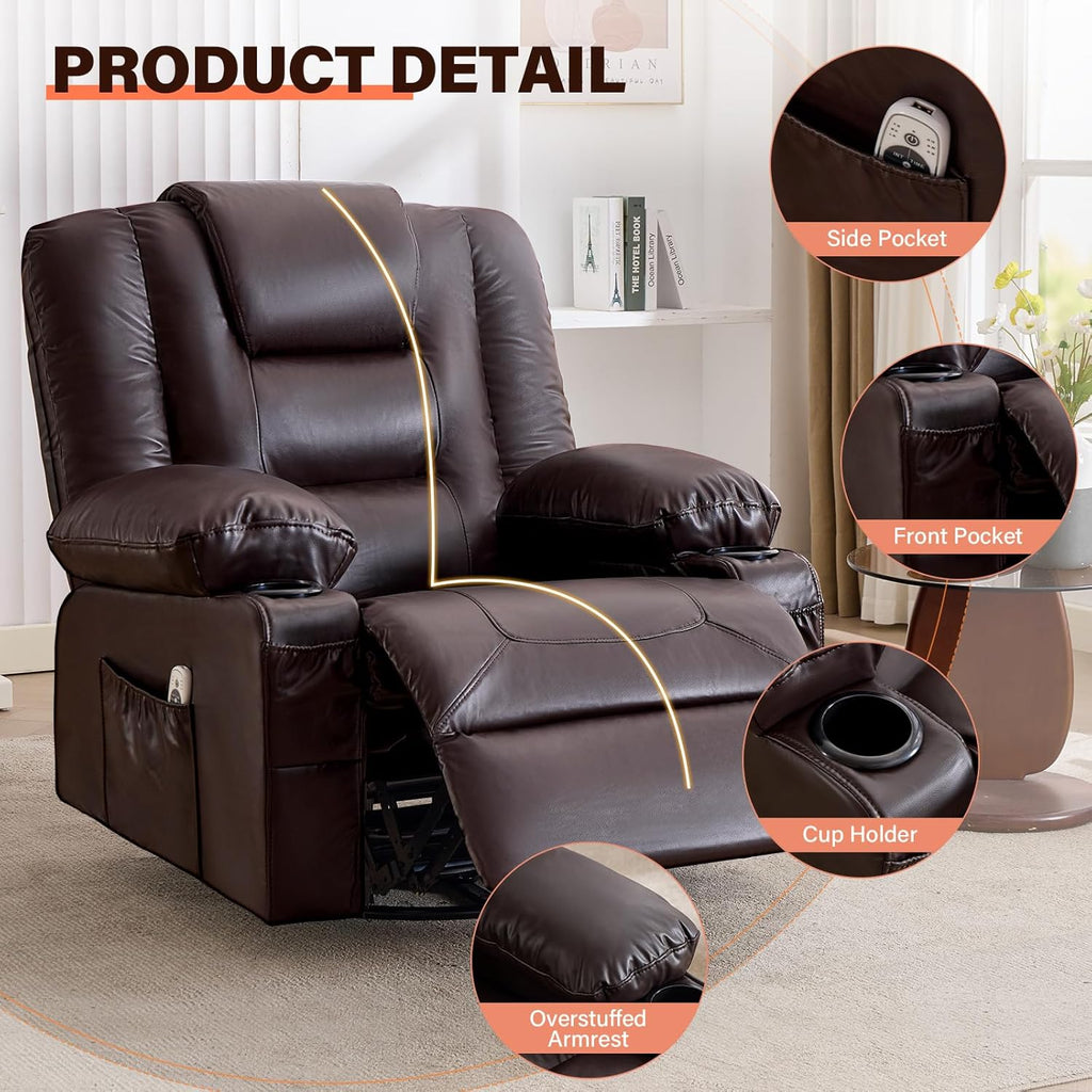 MAHOMICO Swivel Rocker Recliner Chair with Vibration Massage and Heat for Living Room,with Rocking Function and Side Pocket, PU Leather USB Charge Port,2 Cup Holders