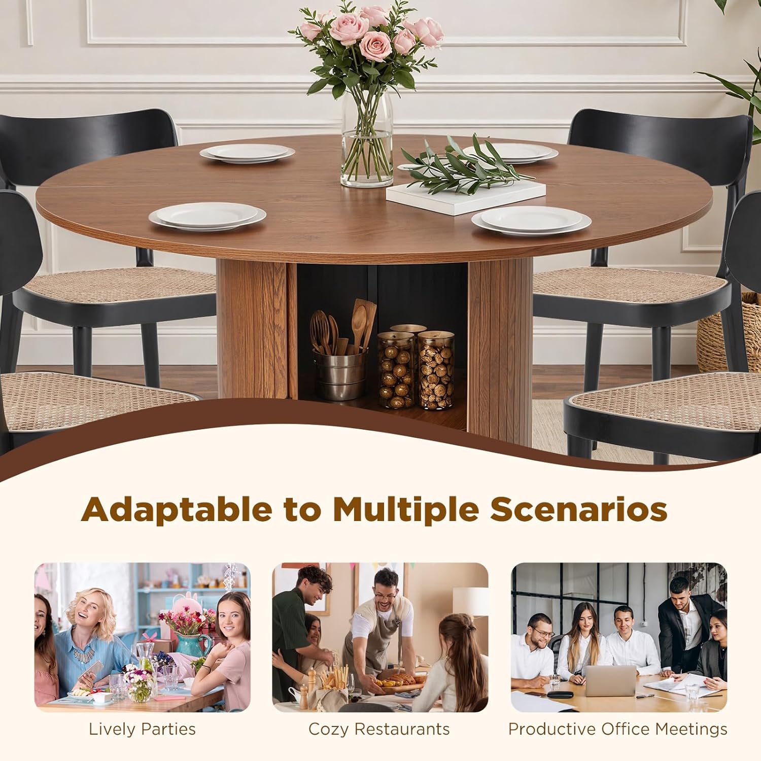 AVAWING 47-inch Round Dining Table for 4-6, Circle Fluted Kitchen Table with 2-Layer Storage Shelf and Wood Slide Door, Mid-Century Modern Fluted Design Wooden Dining Desk for Dining Room, Brown