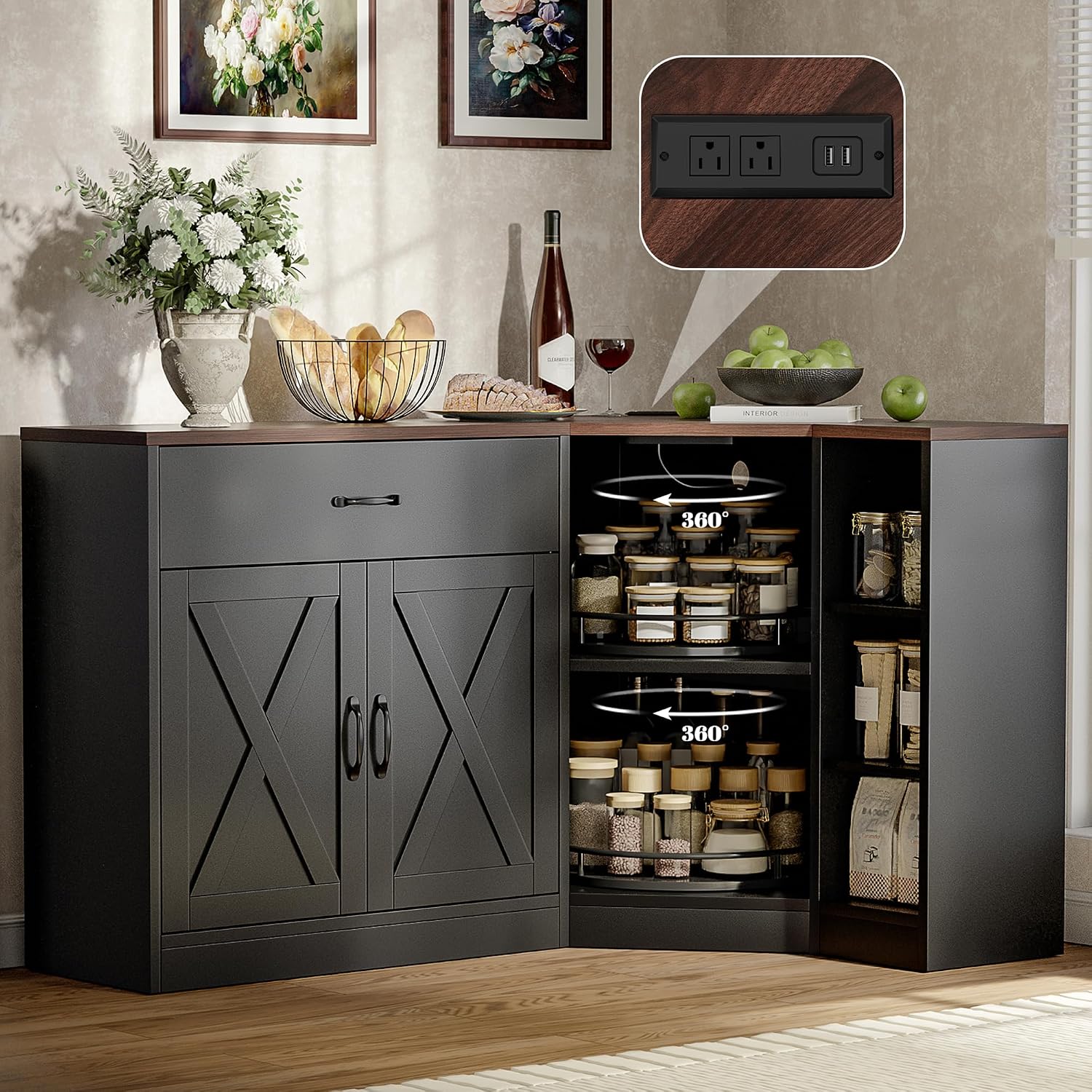 Corner Cabinet w/Charging Station, Kitchen Pantry w/Lazy Susan Turntable | Farmhouse Food Pantry Cabinet w/Drawer & Doors & Adjustable Shelf, L-Shaped Sideboard for Dining Room (Black)