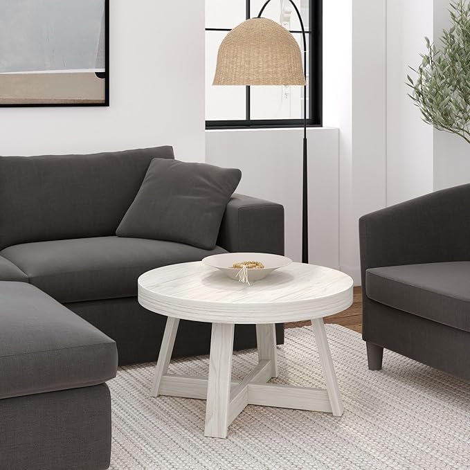 Plank+Beam Classic Round Coffee Table, 30 Inch Farmhouse Coffee Table, Mini Center Tables for Small Spaces, Small Living Space Tea Table, White Sand Wirebrush