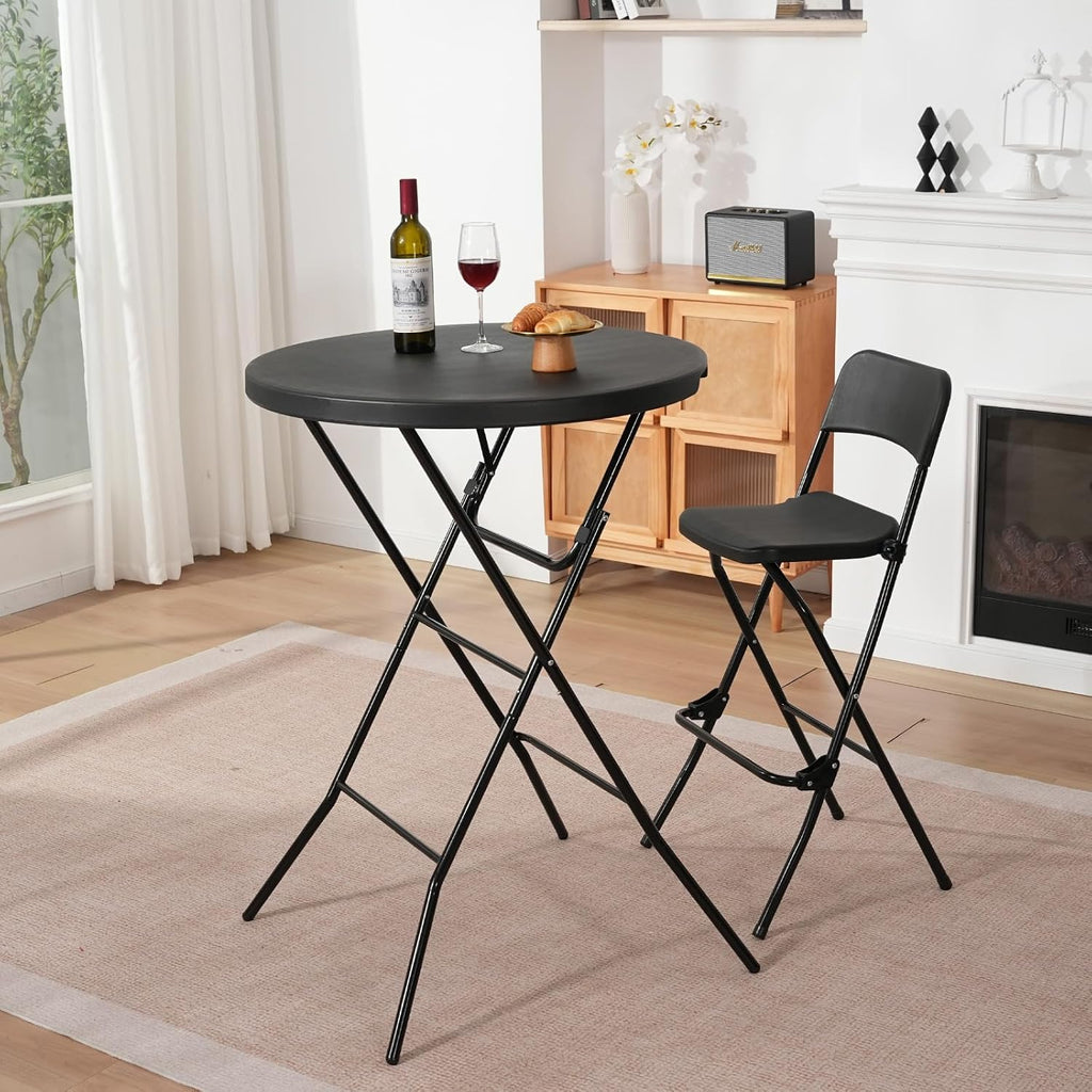32" Round Folding Table, Portable Bar Height Folding Table with Detachable Legs, Round Foldable Table with HDPE Top for Standing Parties, Balcony, Event, Indoor Outdoor Use (Black, 2 Pack)