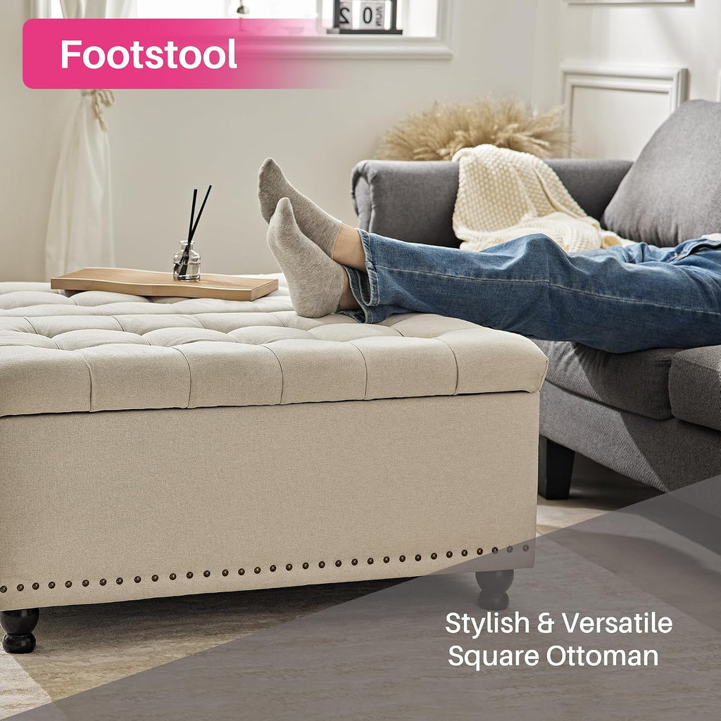 Redlife 35 Inch Large Square Storage Ottoman, Coffee Table Ottoman, Linen | Lift Top Ottomans Bench Square Footrest Oversized Upholstered Coffee Table for Living Room Bedroom (Beige)