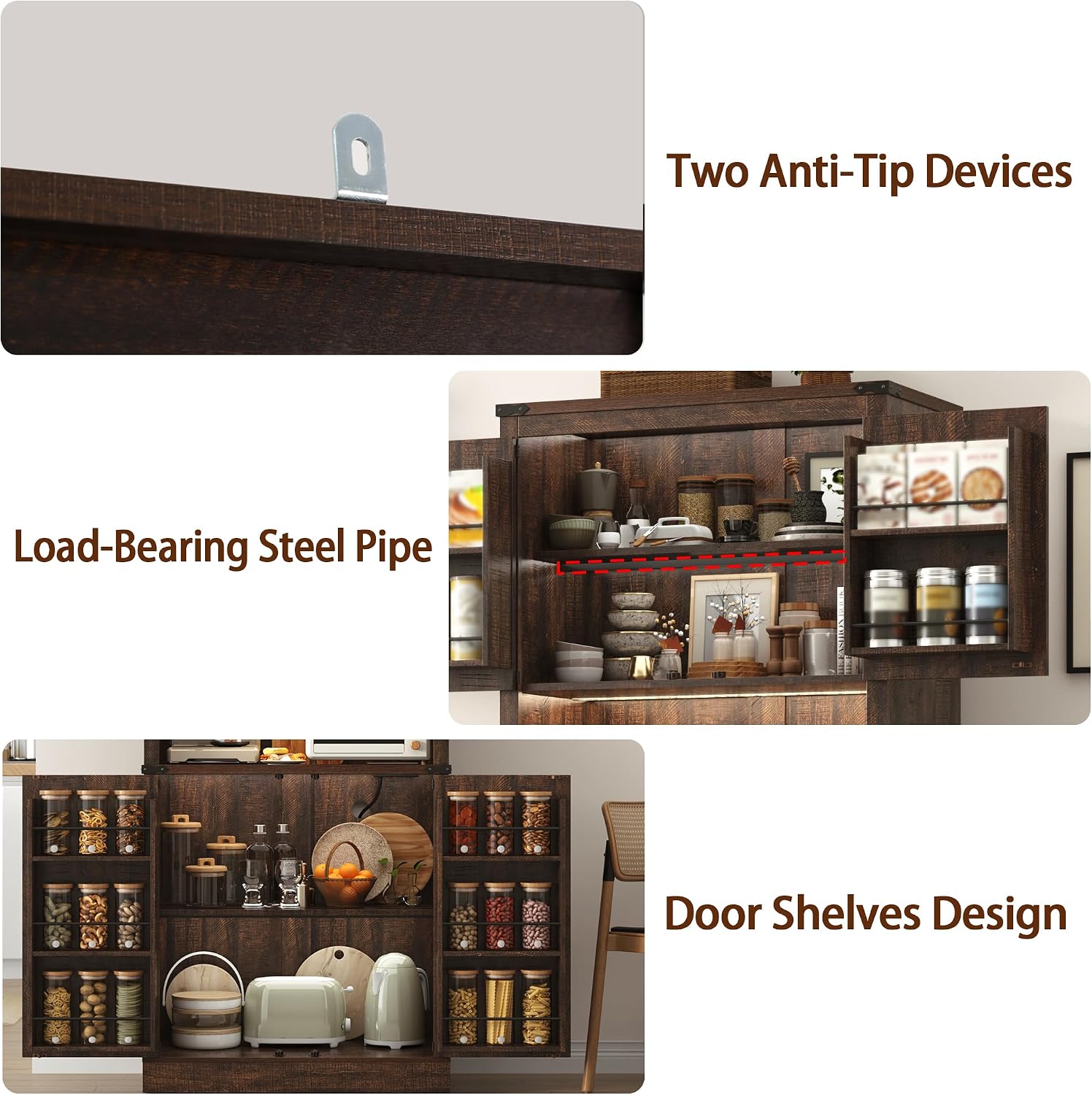 72" Tall Farmhouse Kitchen Pantry Cabinet with LED Light and Power Outlet,Modern Farmhouse Kitchen Storage Cabinet w Load-Bearing Steel Pipe,Barn Doors, Organizer,Food Pantry Cabinets(Rustic Brown)