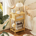 Bamboo Nightstand, Boho Side Table with Drawer and Open Shelf, 3 Tier End Table, Bedside Table, Accent Table, Small Dresser for Bedroom, Dorm and Small Spaces, Natural