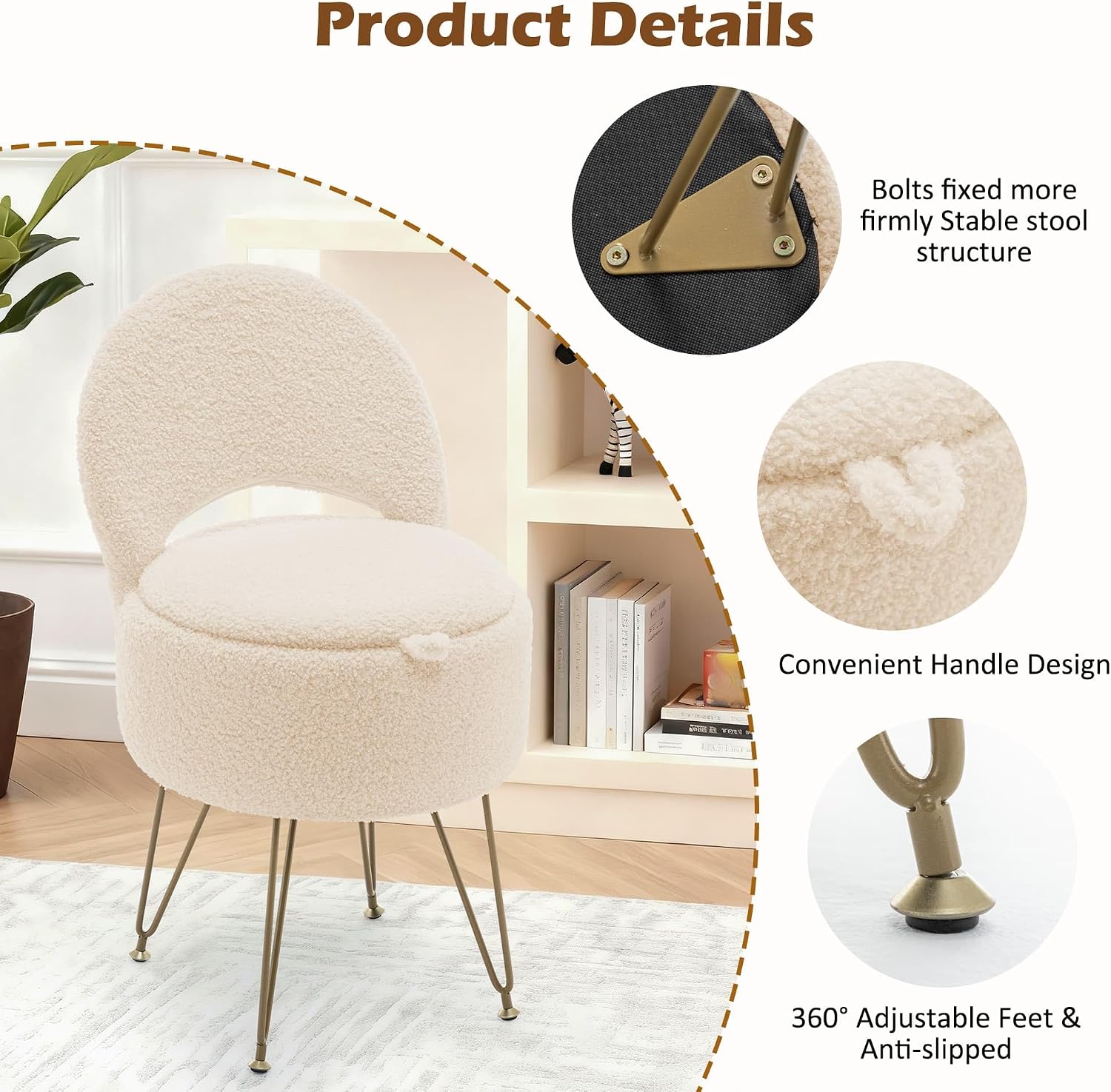 Korser Vanity Stool Chair with Storage and Folding Back, 13"x13"x27.6" Round Faux Fur Comfy Ottoman, 4 Metal Legs with Anti-Slip Feet, Makeup Chair for Living Room, Bedroom, Dressing Room