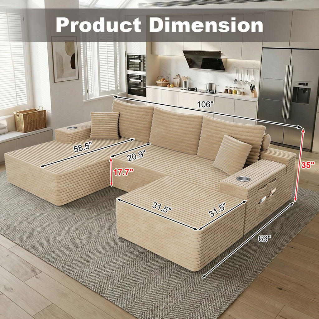 KCGKCG 106" Cloud Modular Sectional Couch with Ottoman, Modern U Shaped Corduroy Sofa, Higher 17.7" Seat Height, 32D Pure Foam, Built in Cup Holders, No Assembly Living Room(Camel, Left Facing Chaise)