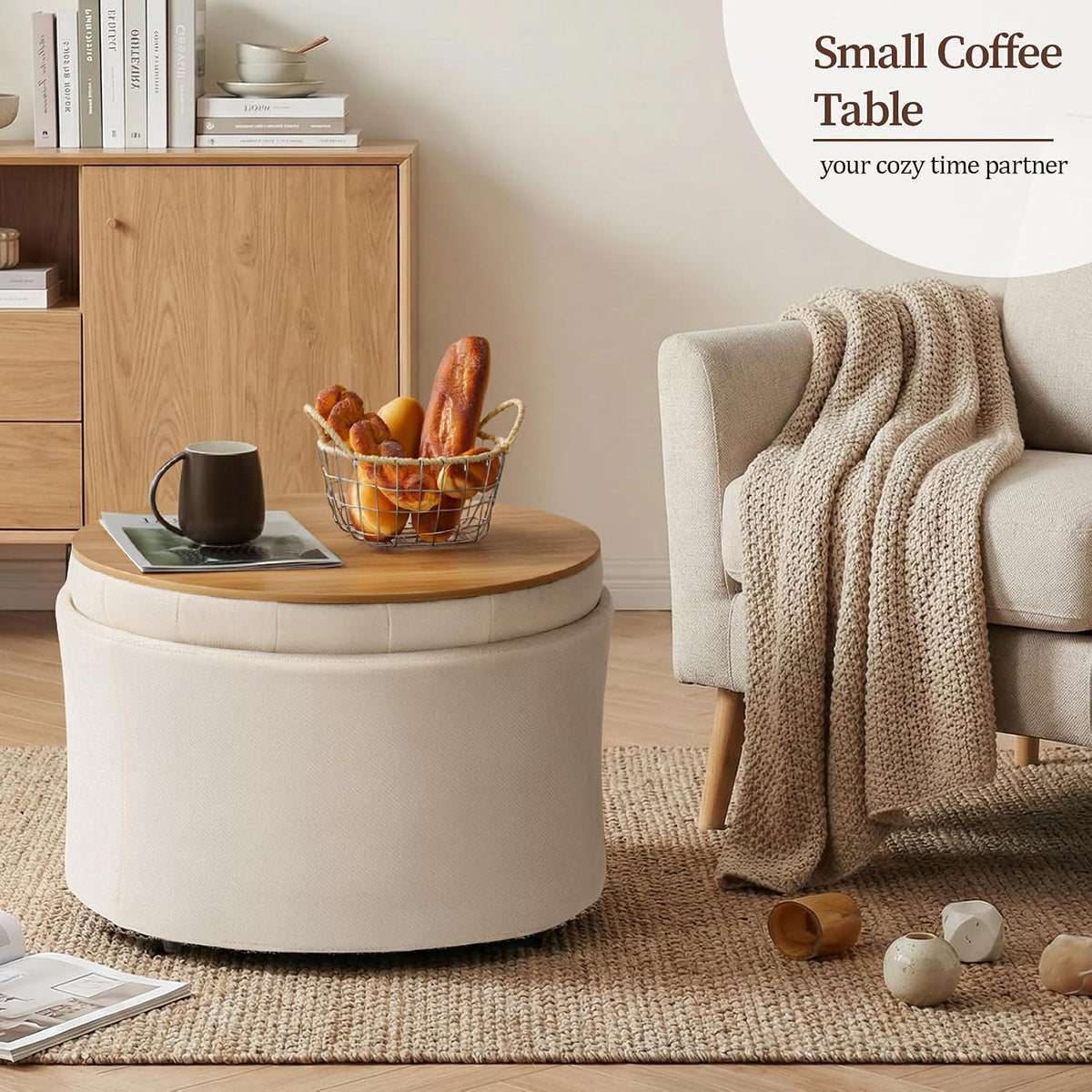 ONBRILL 24" Round Ottoman Coffee Table, Storage Ottoman with Lift-Off Lid | Large Size, Sturdy Steel Frame, 15.4" Height Foot Stool（Better for Low-Profile Sofa), Extra Seat, Entryway Shoe Bench
