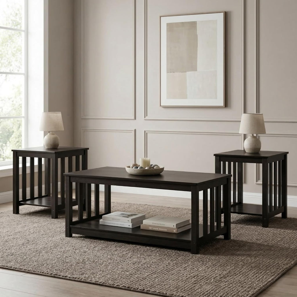 HOME DESIGN Ottawa 3 Piece Coffee Table Set with 2 End Tables and Lower Shelf Storage, Black