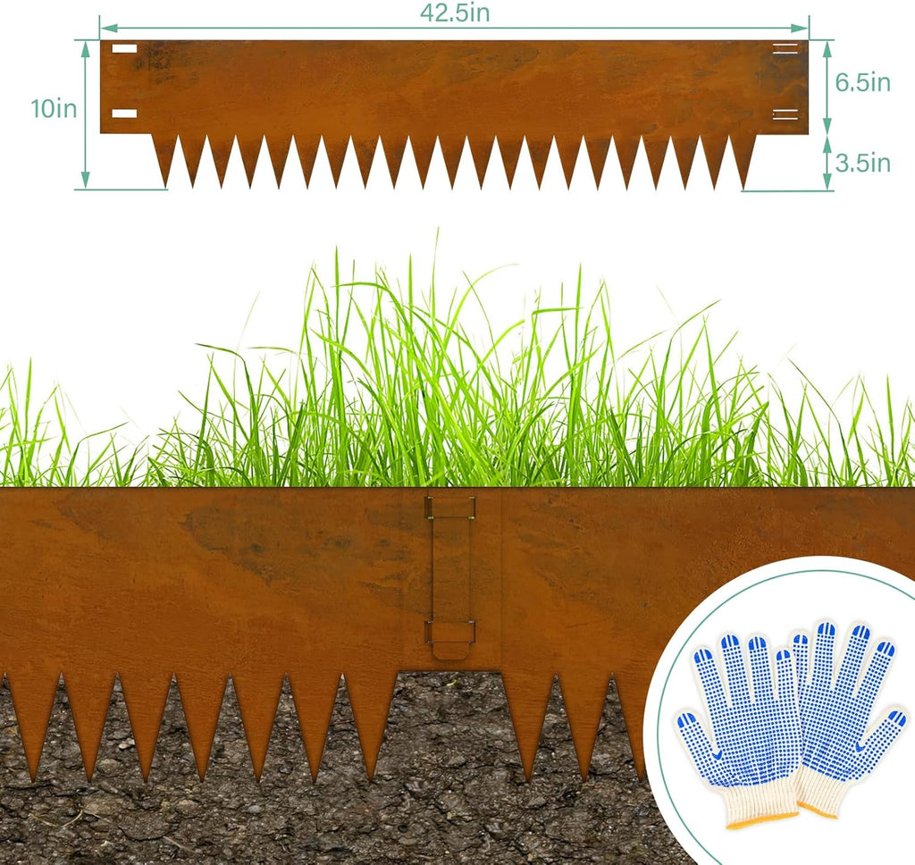 Co rten Steel Landscape Edging 10 Inch Tall 6 Packs, Pre-Rusted Metal Garden Edging with 6 Clips and a Pair of Gloves, Steel Edging for Landscaping, Garden