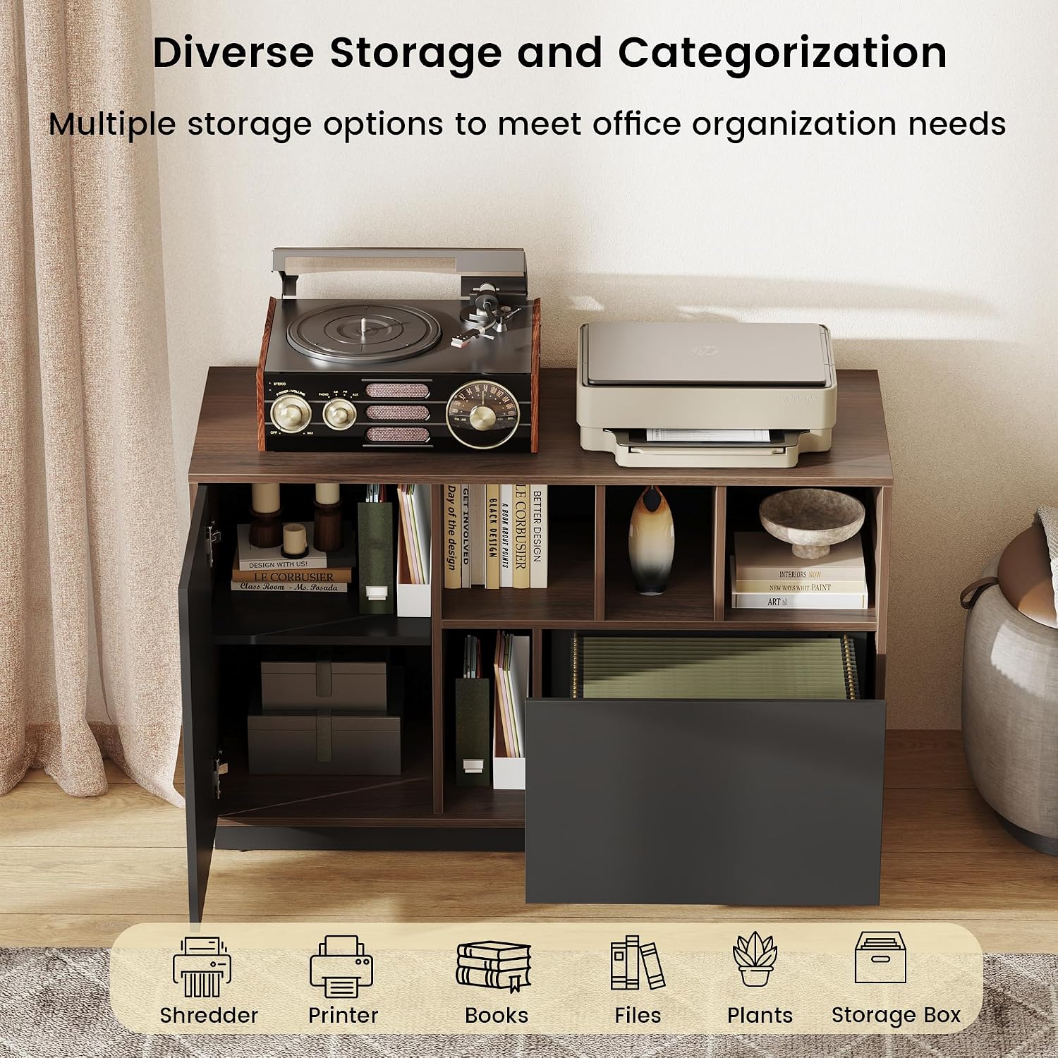 ModernMate 39" File Cabinet with Drawer, Office Storage Cabinet with Door | Home Office Printer Stand with Storage & Adjustable Shelves for Living Room, Entryway, Black Walnut