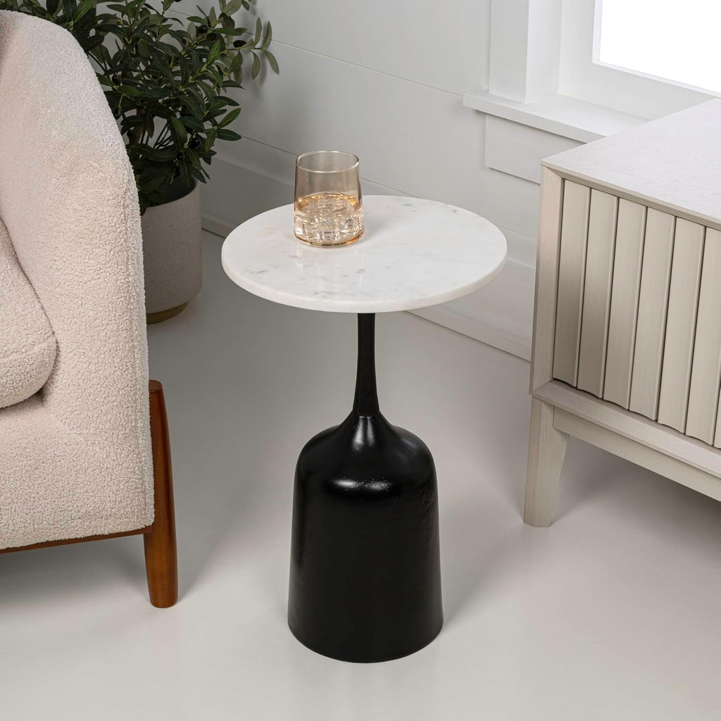 JONATHAN Y Pip Modern Round Marble Drink Table with Antique Black Bell-Shaped Metal Pedestal Base, 20.25" Tall Small Side Accent Martini Table for Living Room and Small Spaces END4002C
