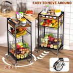 Fruit Vegetable Cart, 3-Tier Snack Kitchen Cart on Wheels & Wood Top, Utility Shelf Rack Organizer for Fruit, Vegetables, Potato, Snack, Brown