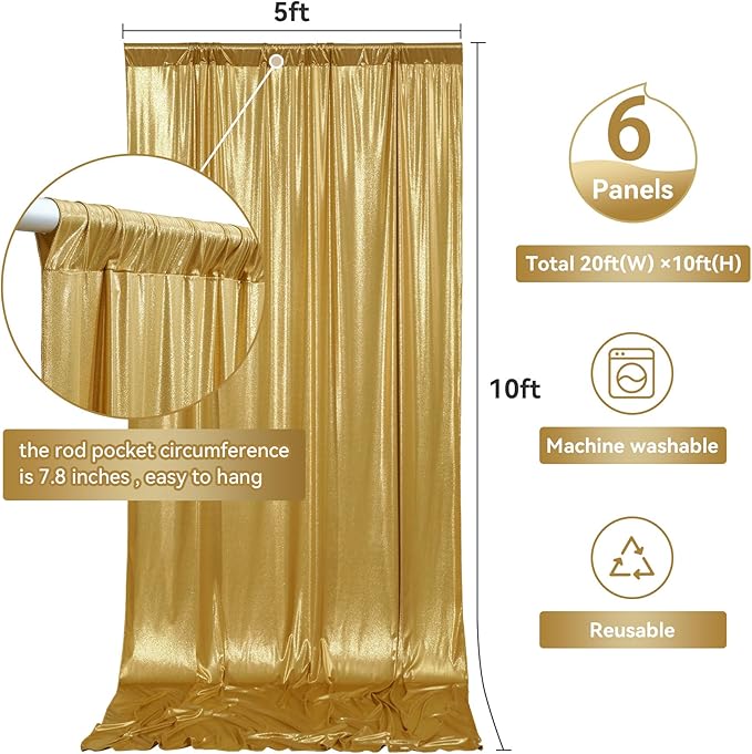 30ftx10ft Gold Backdrop Curtain for Parties, Wrinkle Free Glitter Photo Backdrop Drapes 6 Panels 5x10FT Shimmer Back Drop Cloth for Wedding Birthday Christmas Photography Background