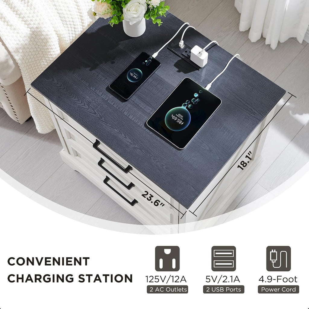 ACCOHOHO 22" Farmhouse Nightstands Set of 2 with 3 Drawers, Off White | Charging Station, Metal Handles, X-brace Side Panels, Arched Foot Base, Modern End Table, for Bedroom, Living Room