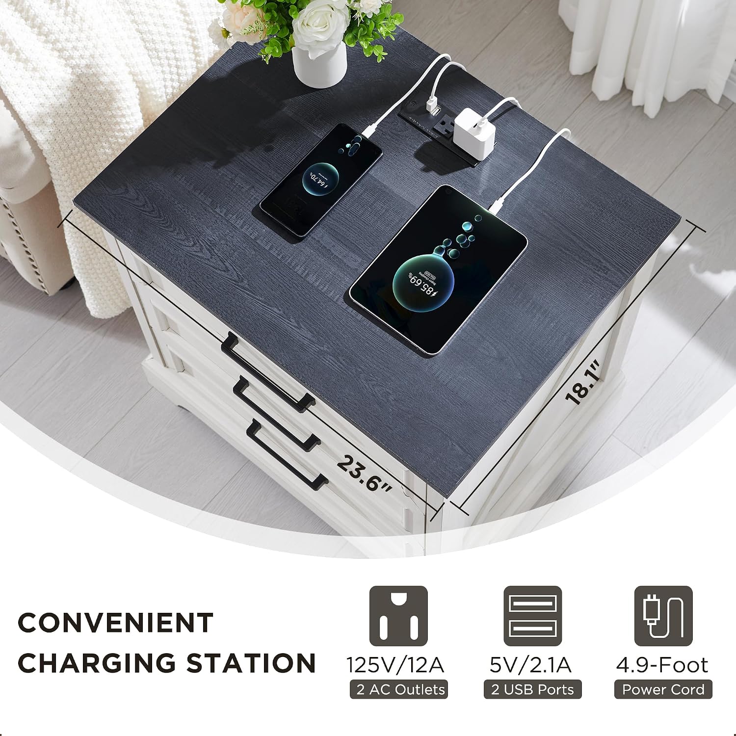 ACCOHOHO 22" Farmhouse Nightstands Set of 2 with 3 Drawers, Off White | Charging Station, Metal Handles, X-brace Side Panels, Arched Foot Base, Modern End Table, for Bedroom, Living Room