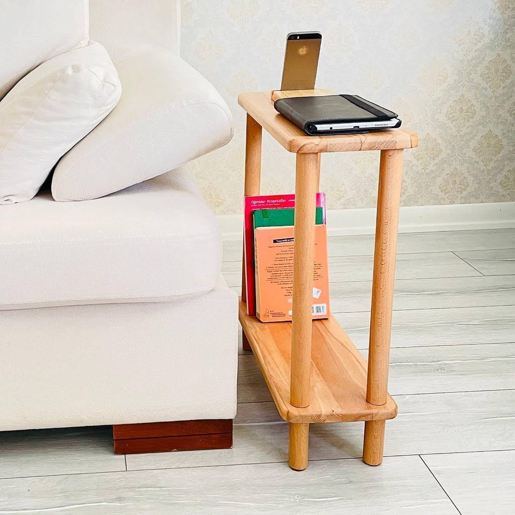 Handmade Slim Side Table Solid Beech Wood for Couch Living Room, Authentic Narrow End Table Hardwood 2 tier with Open Shelf for Office, Bedrooms, Book Rack, Eating Snack Tray, TV (Extra Slim, 7")