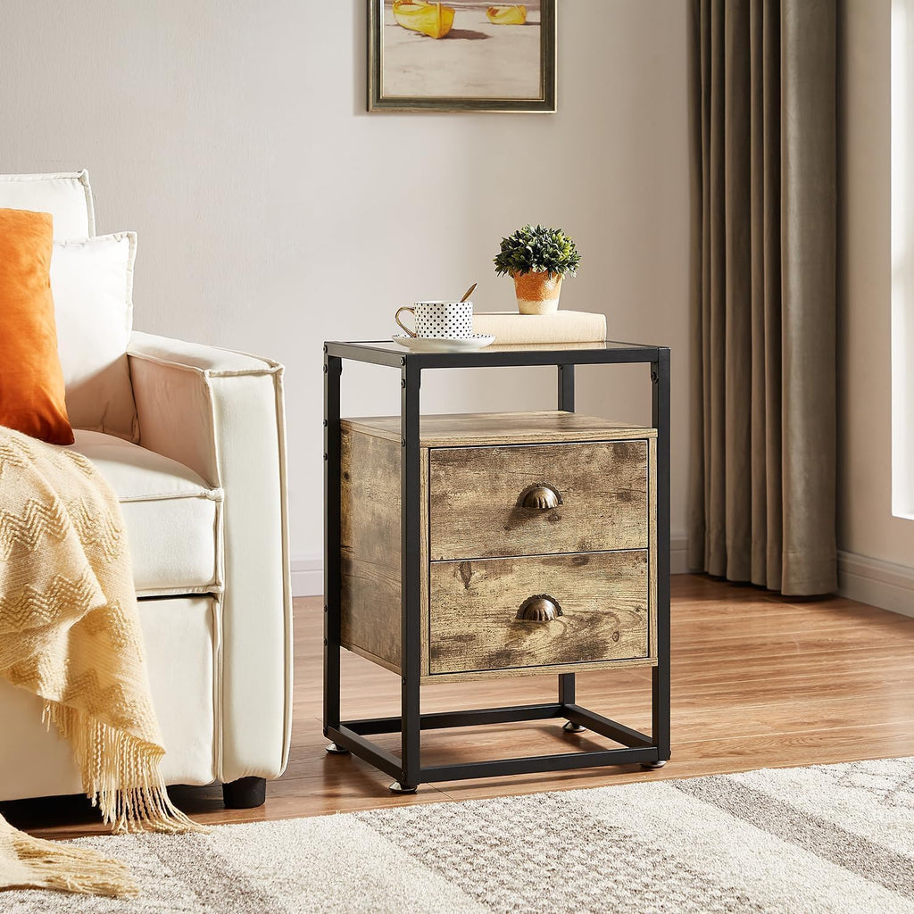 VECELO Bedside End Table, Modern Nightstand with Drawer, Night Stand for Living Room Bedroom, Tempered Glass, Grey