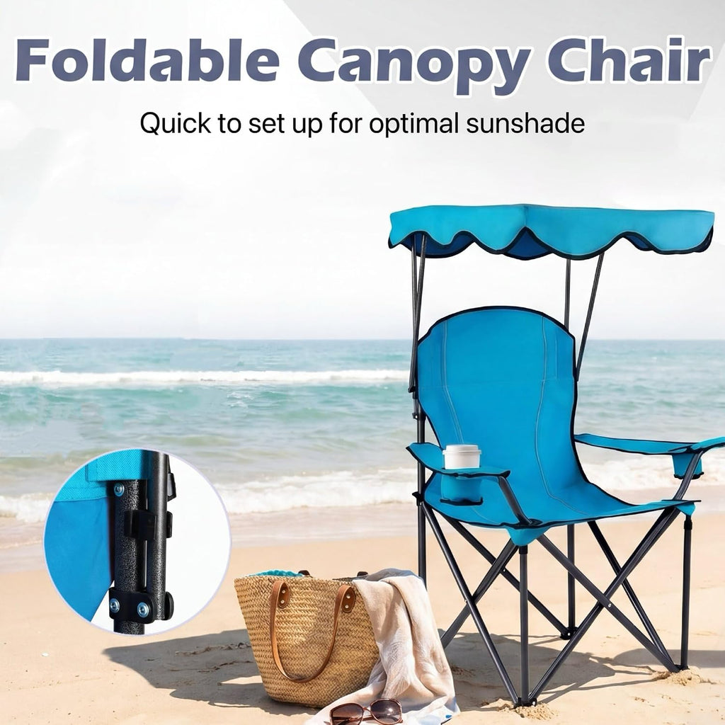 GYMAX Camping Chair, Folding Outdoor Lawn Chair with Canopy, Carry Bag & Cup Holder, Portable Heavy Duty Camp Chair for Outside Travel, Picnic, Beach Soccer Chairs