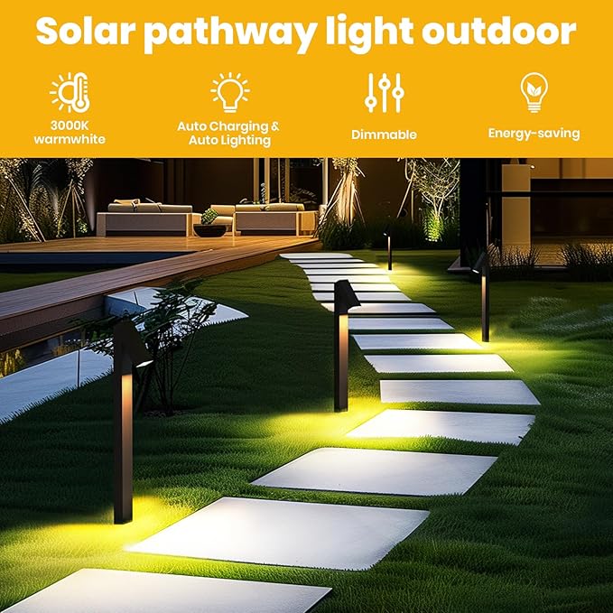Solar Walkway Light, Dimmable Metal Solar Pathway Light Outdoor IP65 Waterproof, 3000K 500LM Solars Yard Lights for Yard Garden Patio Landscape Lawn