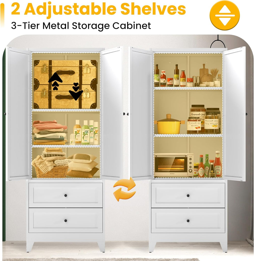 72" Metal Storage Cabinet with 2 Drawer, 2 Adjustable Shelves & Hooks, Utility Kitchen Pantry Cabinet for Home, Living Room, Pantry, Assemble Required (White)