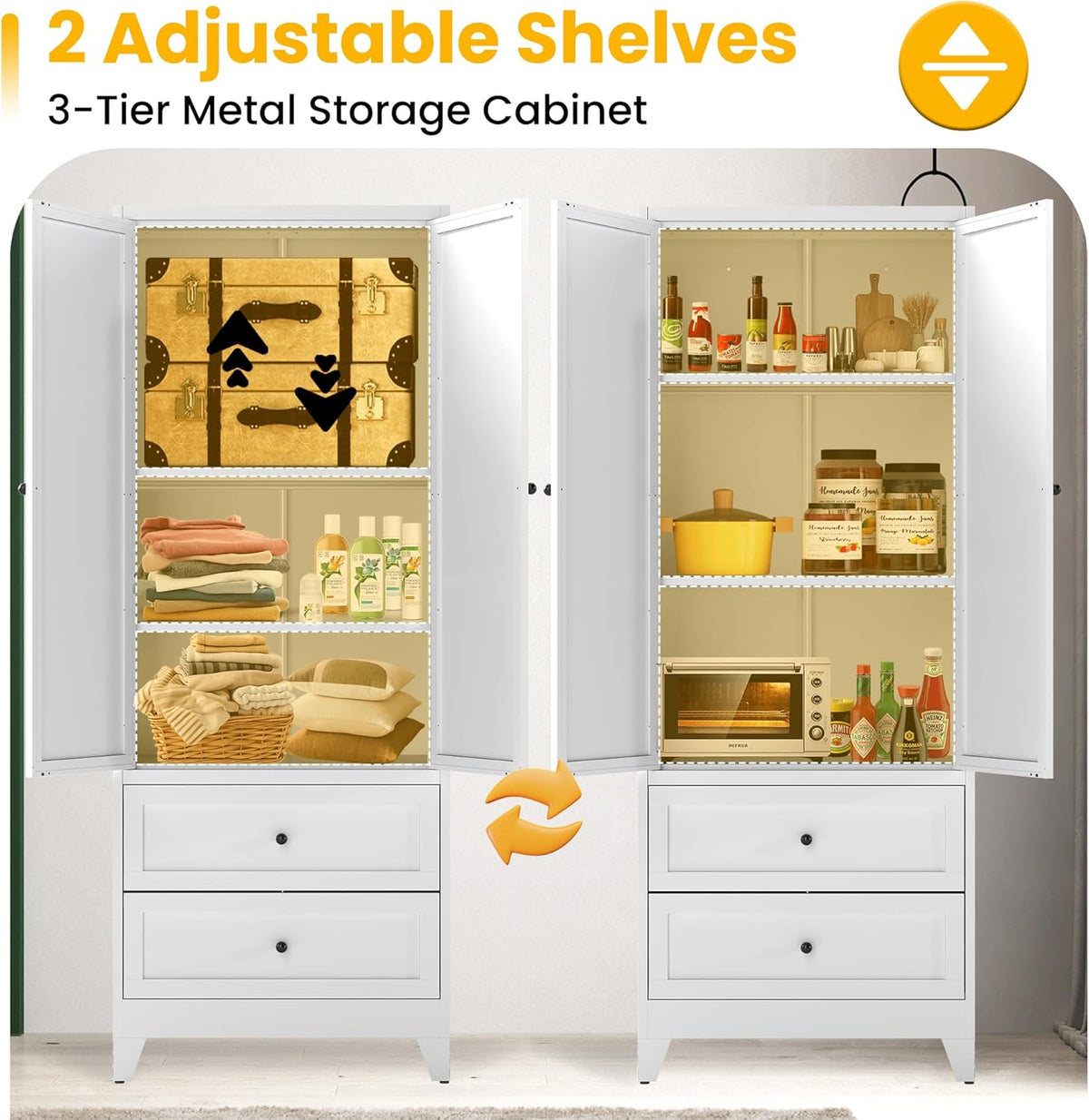 72" Metal Storage Cabinet with 2 Drawer, 2 Adjustable Shelves & Hooks, Utility Kitchen Pantry Cabinet for Home, Living Room, Pantry, Assemble Required (White)