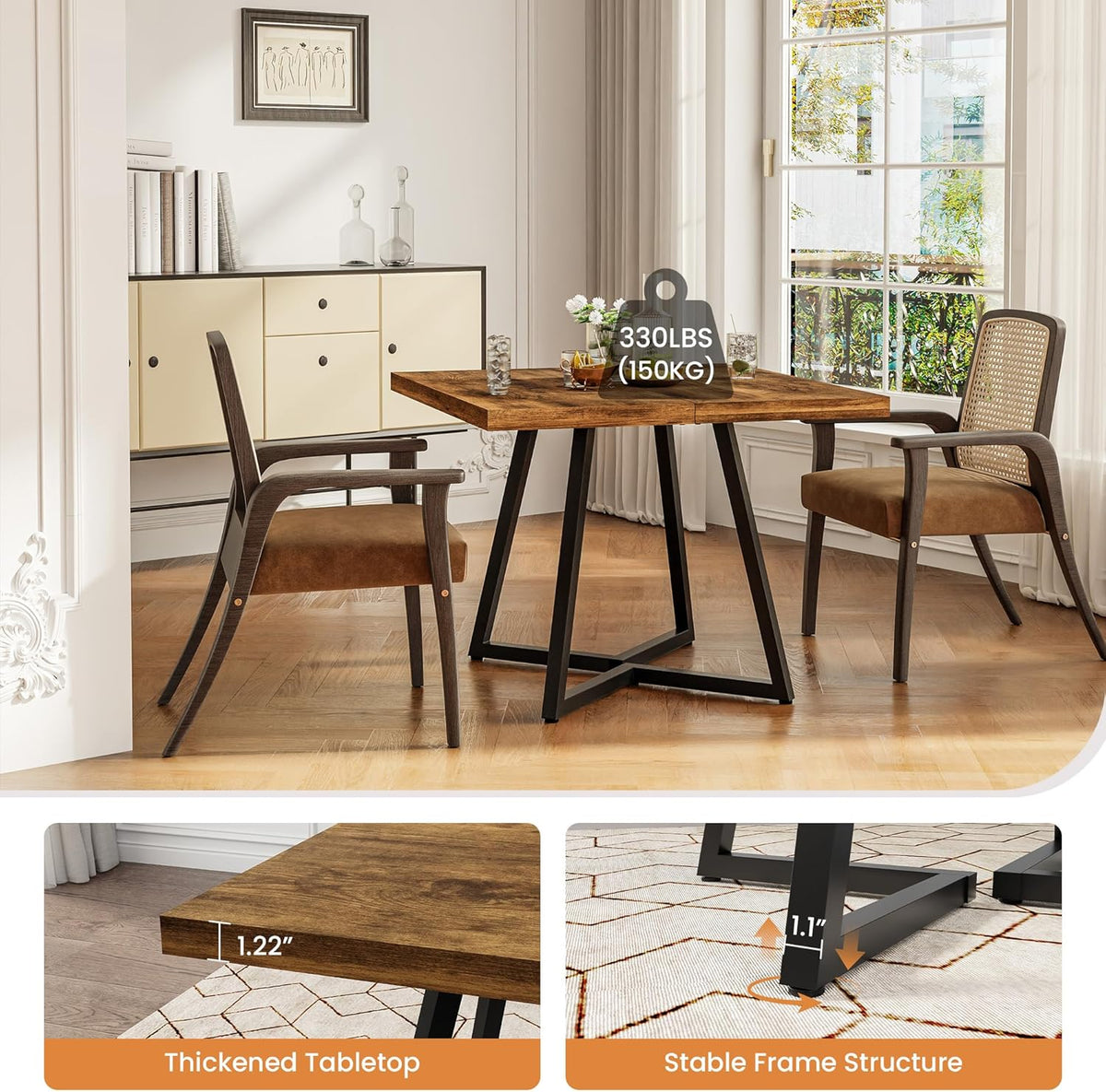 Apicizon Square Kitchen Dining Table for 2, Small Ktichen Table with Metal Base, 31.5" Modern Dinner Table for Dining Room Apartment Restaurant, Rust Brown