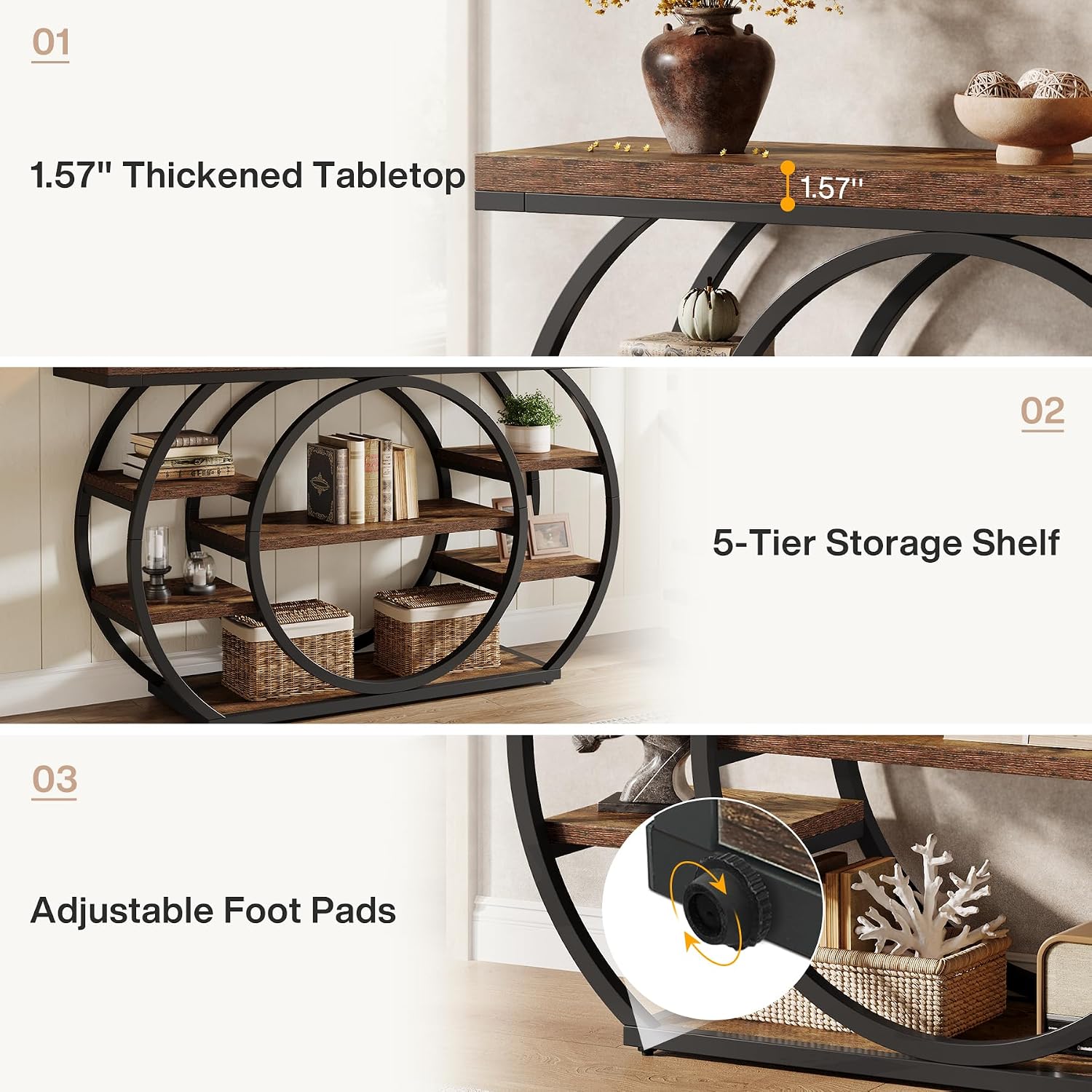 Tribesigns 47" Console Table for Living Room, 5-Tier Industrial Entryway Table with Metal Frame, Narrow Sofa Table Behind Couch Accent Tables for Entryway, Hallway, Foyer, Rustic Brown