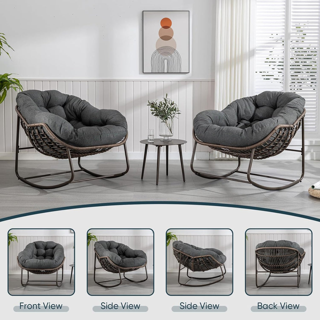 Outdoor Rocking Chair Set of 2, Patio Oversized Wicker Egg Rocking Chair, Indoor & Outdoor Comfy Rocker Chair with Thick Cushion, Modern Lounge Chair for Balcony, Porch, Garden, Backyard, Deck, Grey