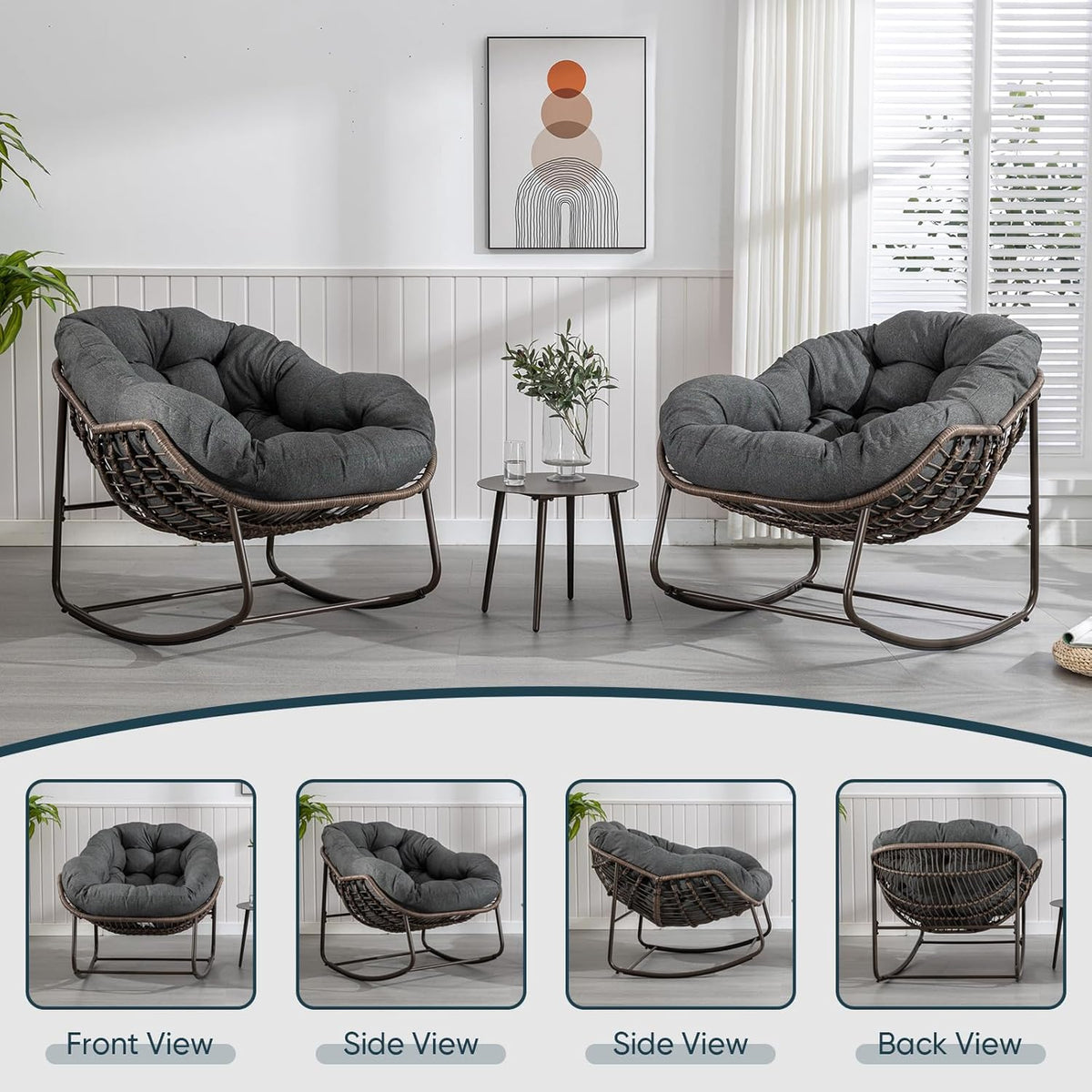 Outdoor Rocking Chair Set of 2, Patio Oversized Wicker Egg Rocking Chair, Indoor & Outdoor Comfy Rocker Chair with Thick Cushion, Modern Lounge Chair for Balcony, Porch, Garden, Backyard, Deck, Grey