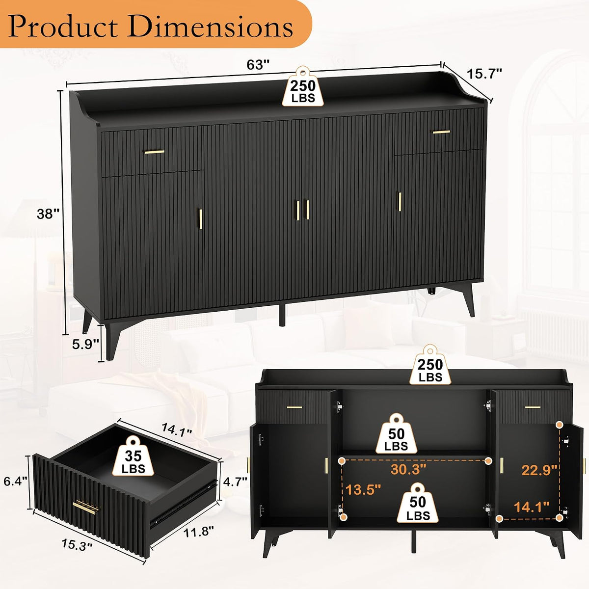 Sideboard Buffet Cabinet with Drawers: 63" Black Fluted Sideboard Cabinet with Storage, Modern Kitchen Cabinets Storage, Credenzas for Living Room(63")