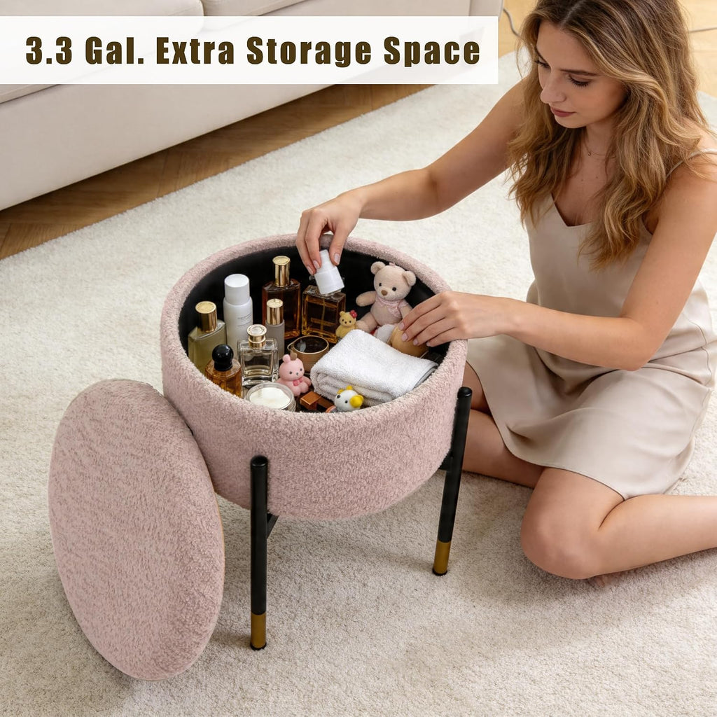 Round Ottoman with Storage, Soft Velvet Vanity Stool, Ottoman Coffee Table with Metal Legs, Foot Stool for Living Room Bedroom, Pink