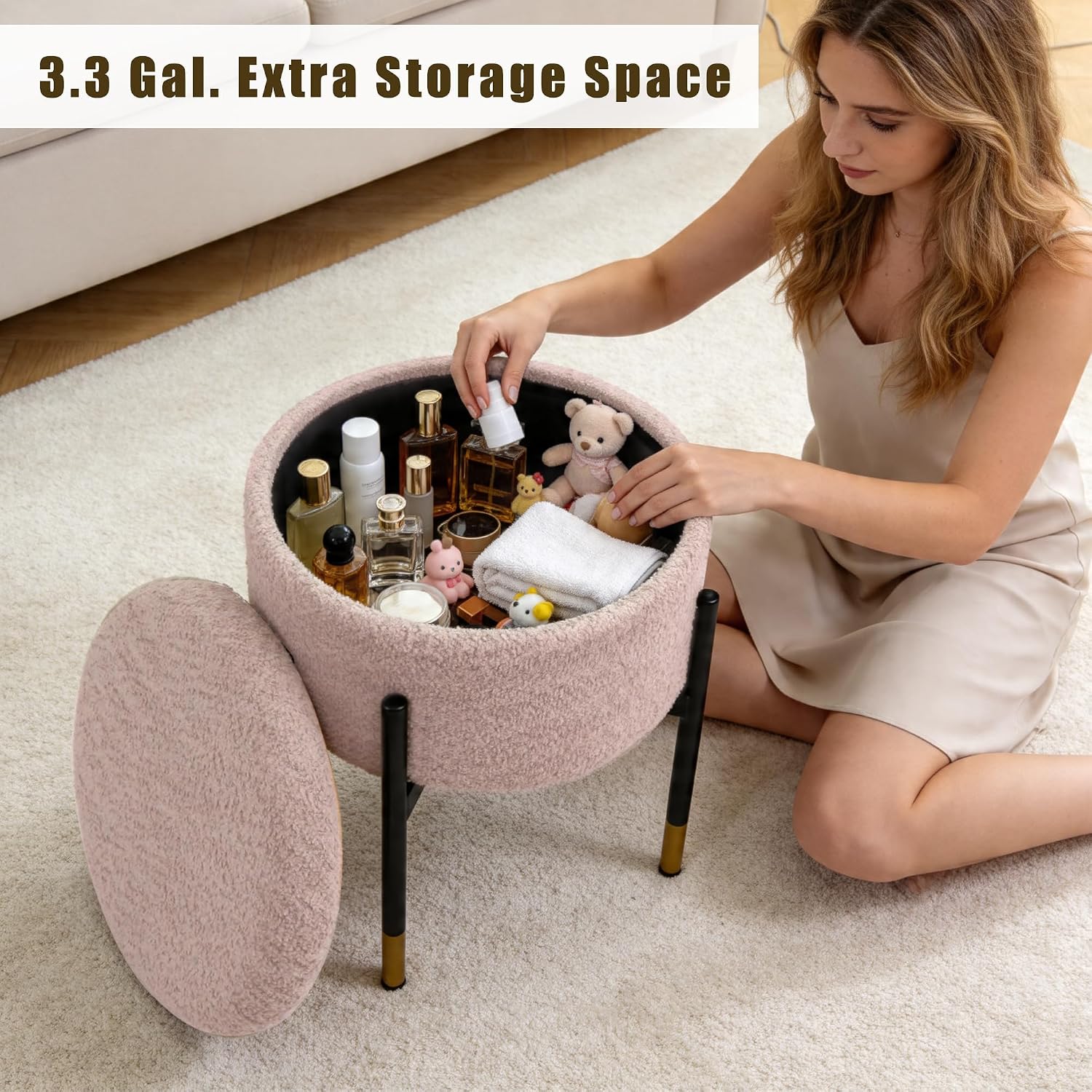 Round Ottoman with Storage, Soft Velvet Vanity Stool, Ottoman Coffee Table with Metal Legs, Foot Stool for Living Room Bedroom, Pink