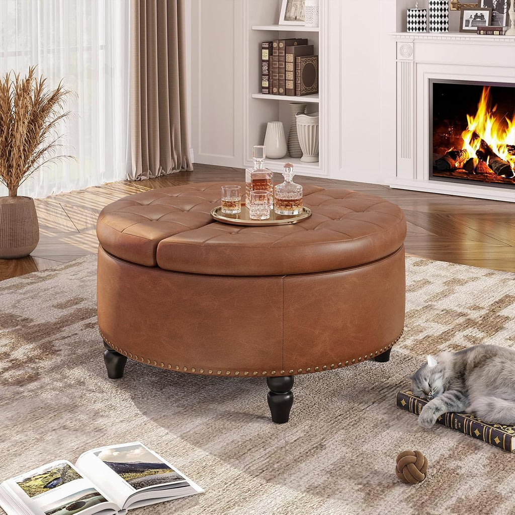 FiveWillowise 31.5 Inch Large Round Ottoman with Storage Circular,Brown
