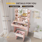 Otterease 31" Makeup Vanity Desk with LED Mirror and Storage Stool, Pink | Charging Station, 3‑Color Light, 2 Drawers and 4 Open Shelves Provide Organized Storage for Cosmetics and Beauty Essentials