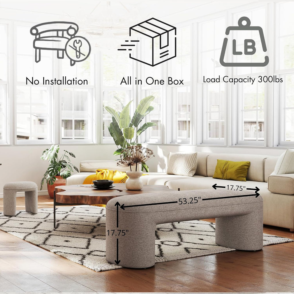 Hyfirm 3-Pieces Modern Upholstered Ottoman Waterfall Bench for Bedroom End of Bed, 53" Chenille Entryway Bench Sets, Comfy Indoor Narrow Window Bench Bed Stool Living Room Bedroom, Oatmeal