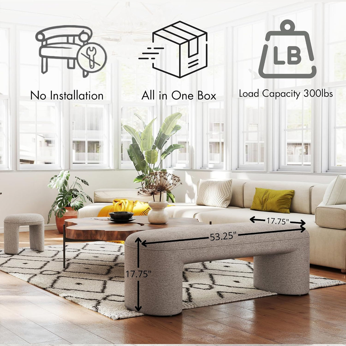 Hyfirm 3-Pieces Modern Upholstered Ottoman Waterfall Bench for Bedroom End of Bed, 53" Chenille Entryway Bench Sets, Comfy Indoor Narrow Window Bench Bed Stool Living Room Bedroom, Oatmeal
