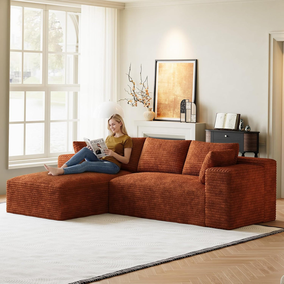 Cloud Sectional Couch Modular Sectional Sofa, 96" Comfy Fluffy Orange L Shaped Couches for Living Room, Deep Seat Plush Corduroy Memory Foam Couch with Left Facing Chaise Sofa