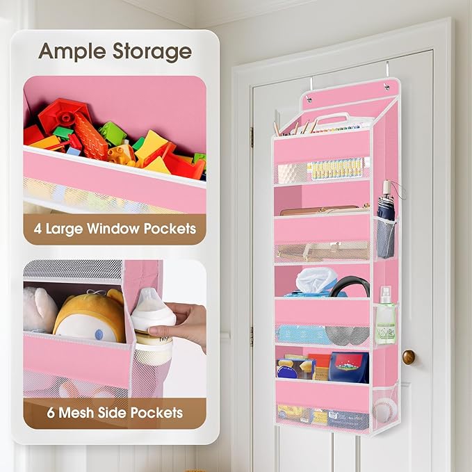 1 Pack Over The Door Organizer Hanging Storage Organizers with Clear Window 40lb Large Capacity Room Organizer for Pantry Laundry Bathroom Nursery Closet(Pink)