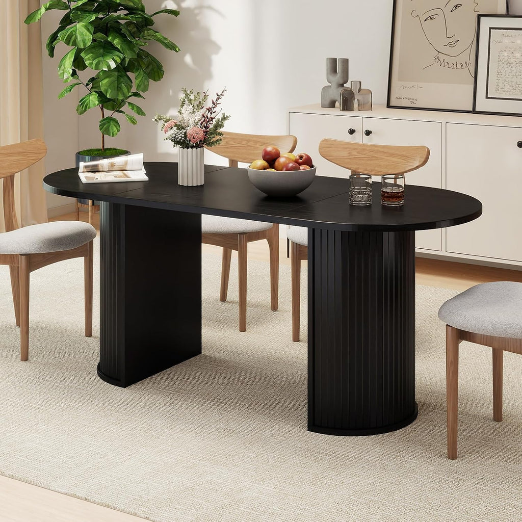 70.8" Oval Dining Table for 4-6 Persons, Fluted Pedestal Base Mid Century Wood Veneer Kitchen Table with Curved Edges for Dining Room, Apartment, Small Spaces, Black