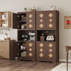 IDEALHOUSE Mid Century Modern Kitchen Pantry Cabinet, 72" Tall Storage Cabinet with Microwave Shelf, Wooden Freestand Cupboard with Carved Flower Door & Crystal Handle, for Dining Room
