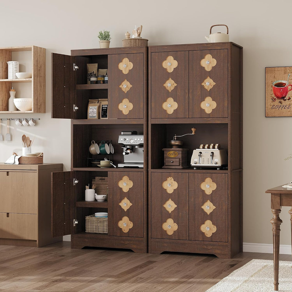 IDEALHOUSE Mid Century Modern Kitchen Pantry Cabinet, 72" Tall Storage Cabinet with Microwave Shelf, Wooden Freestand Cupboard with Carved Flower Door & Crystal Handle, for Dining Room