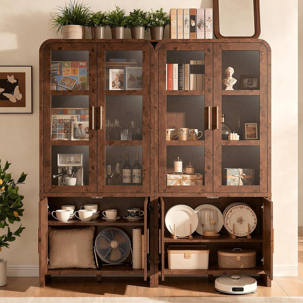 77" Tall Kitchen Pantry Cabinet,Thickened Panel,Dark Burl,1Pcs | Wooden Curved Storage Cabinets with Adjustable Shelf, Cupboard with Glass Door for Dining Room, Living Room, Bathroom